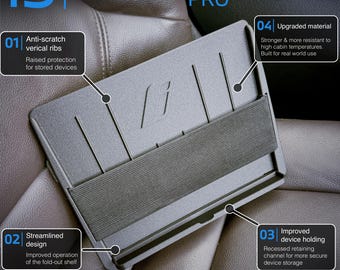 Könnte beinhalten: Ein schwarzer i3 Seatpocket PRO Organizer mit kratzfesten vertikalen Rippen, einem breiten elastischen Band und einer vertieften Halterung für Geräte. Das Produkt enthält Textbeschriftungen, die das verbesserte Material und Design hervorheben.