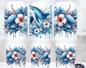 Diseño para vaso con estampado de delfines: PNG con motivos florales marinos, 40 oz, diseño para sublimación (descarga digital).