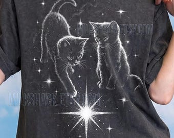 Black Kittens Stars Celestial Comfort Colors® Tshirt, Galaxy Retro Vintage Tees, Sparkles 90S Style Sweater, Magic Night Sky Tanktop, Pet,
