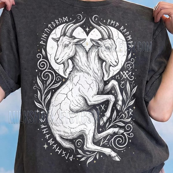 Vintage Two Headed Goat Comfort Colors® Tshirt, Occult Graphic Gothic Runes Witchy Tees, Dark Academia Mythical Creature Grunge Sweater