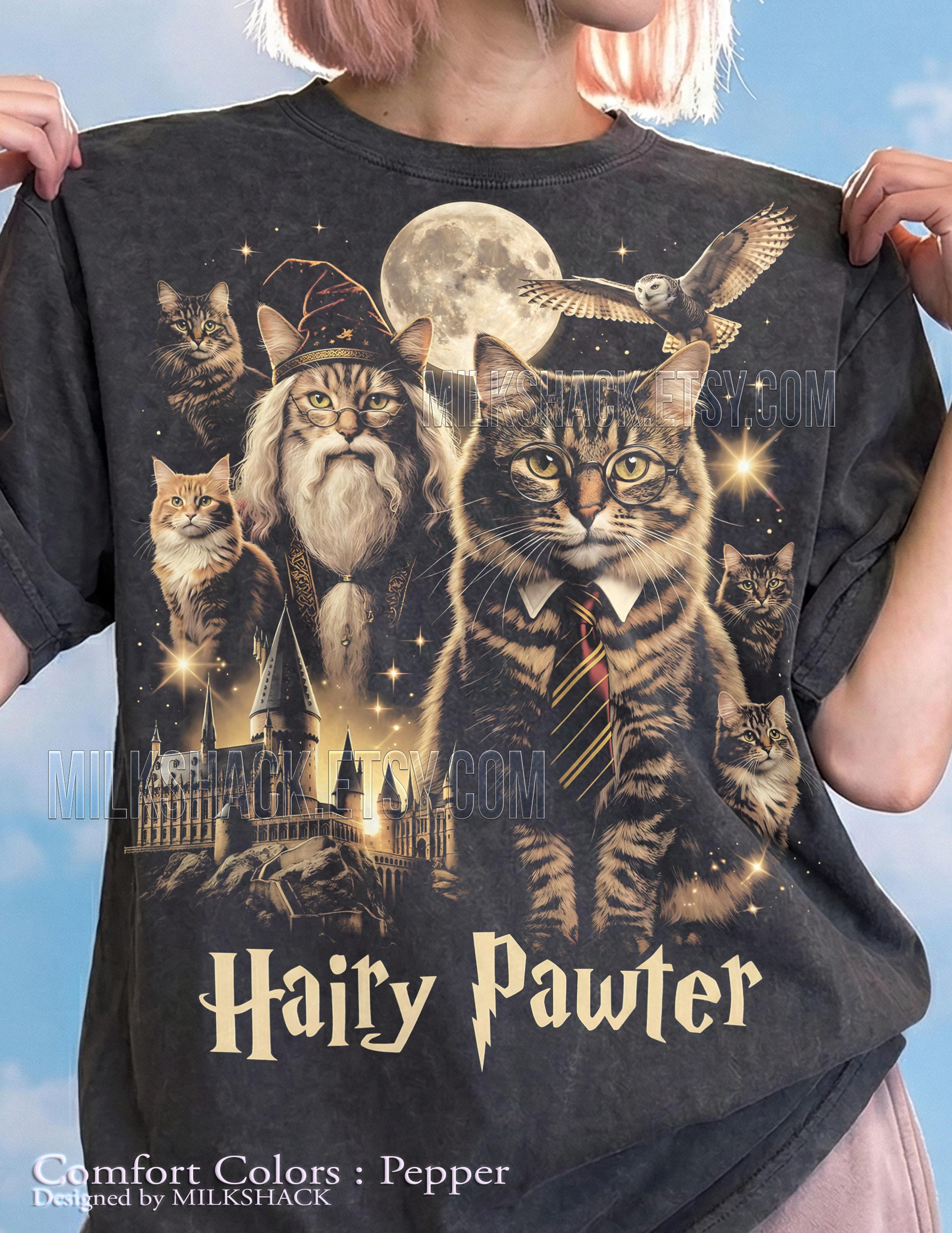 Hairy Pawter Cat Wizard Comfort Colors&reg; Tshirt, Magic Castle Owl Moon Tees, Retro Vintage Funny 