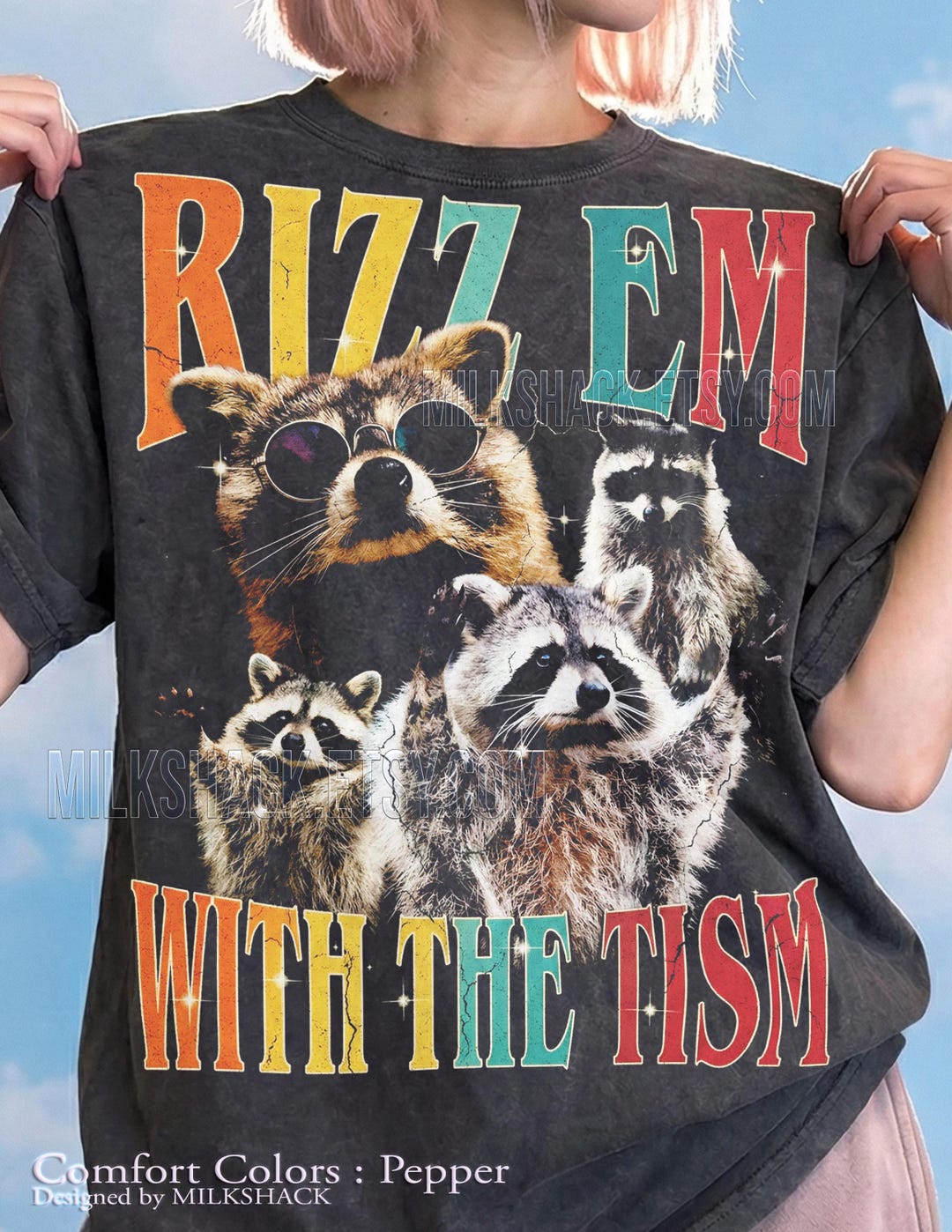 Rizz Em With the Tism Raccoon 90S Graphic Style Comfort Colors Tee ...