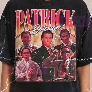 May include: Black t-shirt featuring a graphic of Patrick Bateman from the movie American Psycho. The design includes the name "PATRICK BATEMAN" in large, stylized letters above multiple images of the character. The Milkshake logo is at the top.