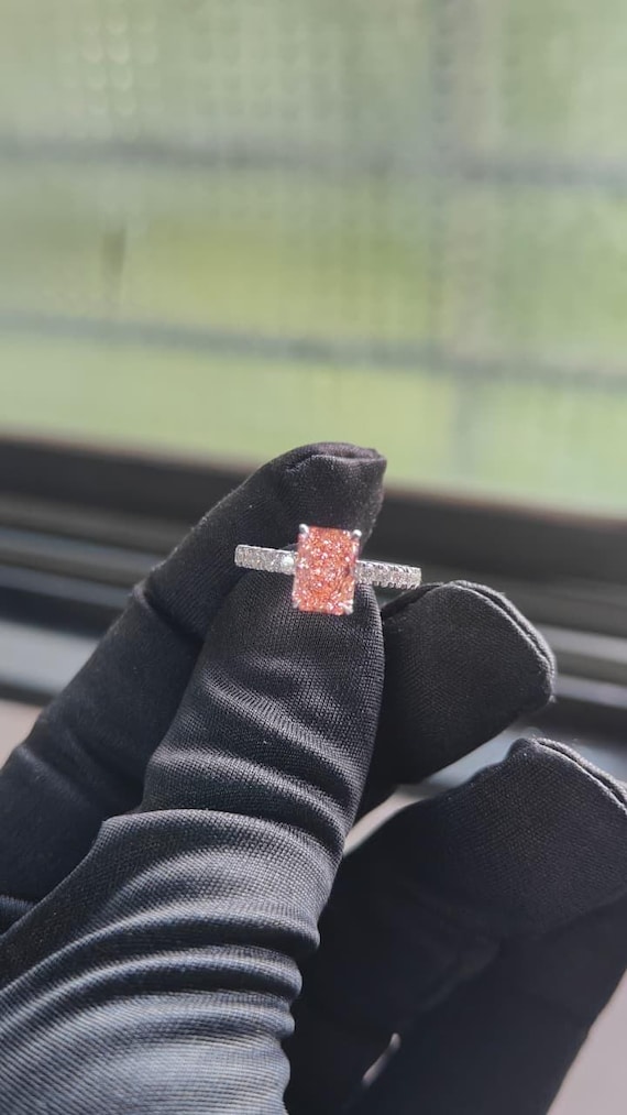 Radiant Cut Pink Lab Grown Diamond Engagement Ring: 18KT White Gold Pavé Band