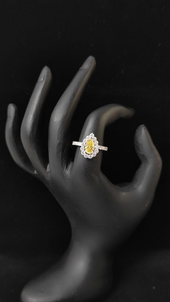 Pear Yellow Lab Grown Diamond Engagement Ring: 14K White Gold Halo