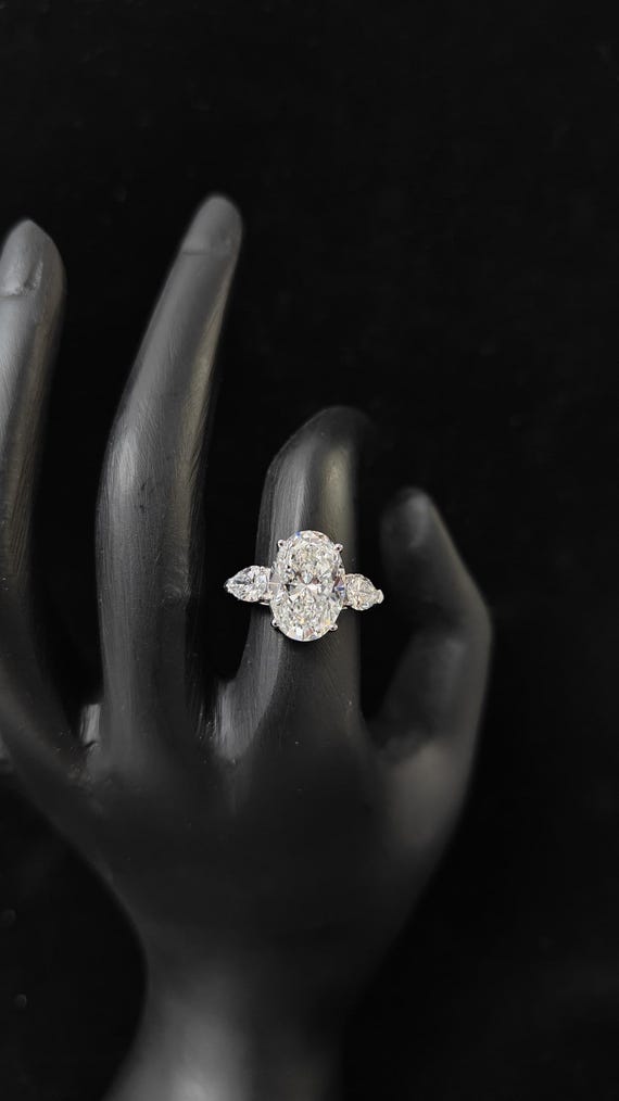 5.00 Ct Oval Lab Grown Diamond Ring: 18K White Gold Three-Stone Engagement
