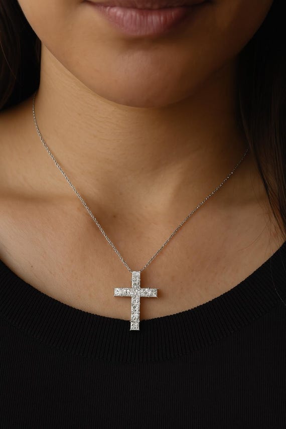 Lab Grown Diamond Cross Pendant: 14K White Gold, 5.50ct Princess Cut