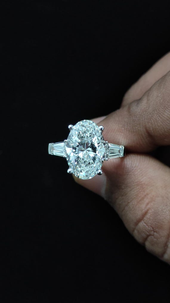 Oval Diamond Engagement Ring: Tapered Baguette Side Stones, 18k White Gold