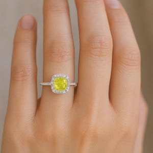 Cushion Cut Yellow Diamond Halo Engagement Ring | Lab Grown Fancy Yellow Diamond Ring | 18K White Gold Pave Band | Unique Promise Ring
