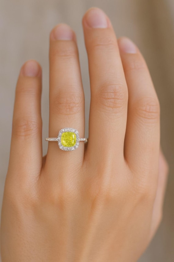 Cushion Cut Lab Grown Yellow Diamond Halo Ring - 18K White Gold Pavé Band