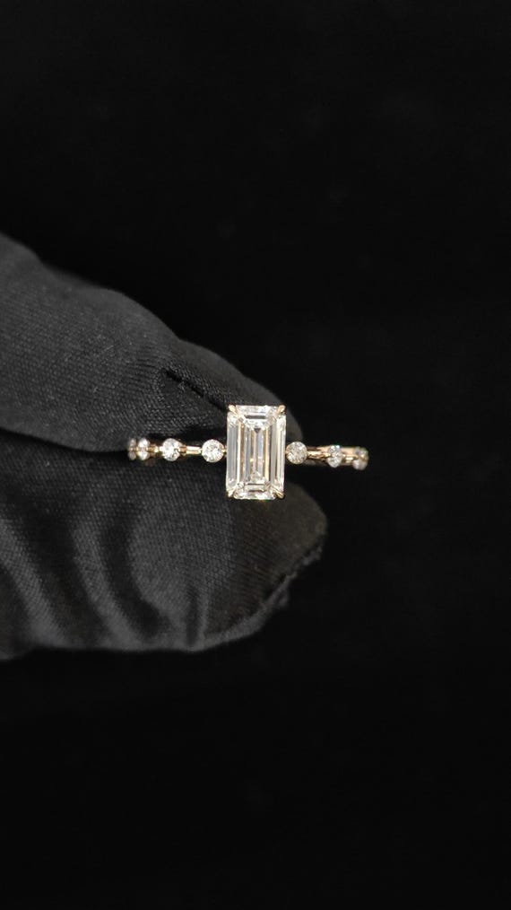 Emerald Cut Lab Grown Diamond Engagement Ring, 14K Yellow Gold Pavé