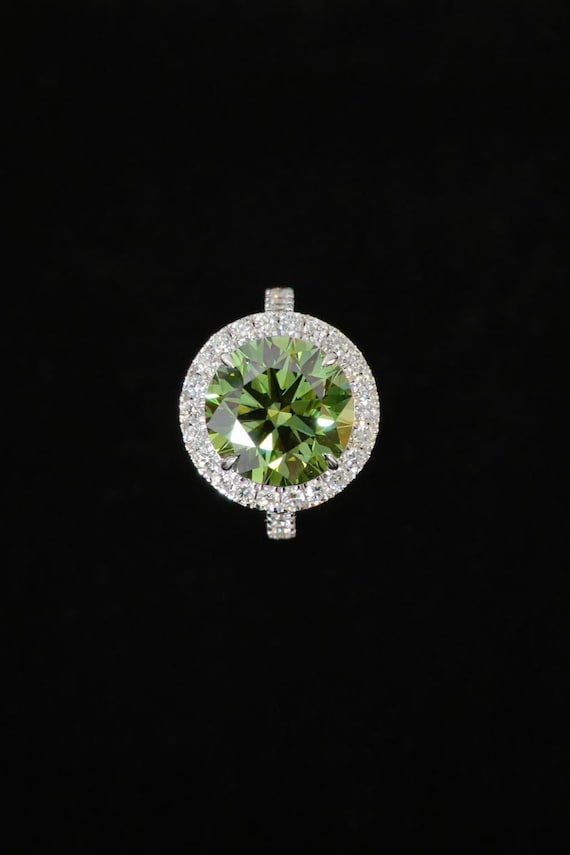 Lab Grown Green Diamond Halo Ring | Round Cut | White Gold Engagement Ring
