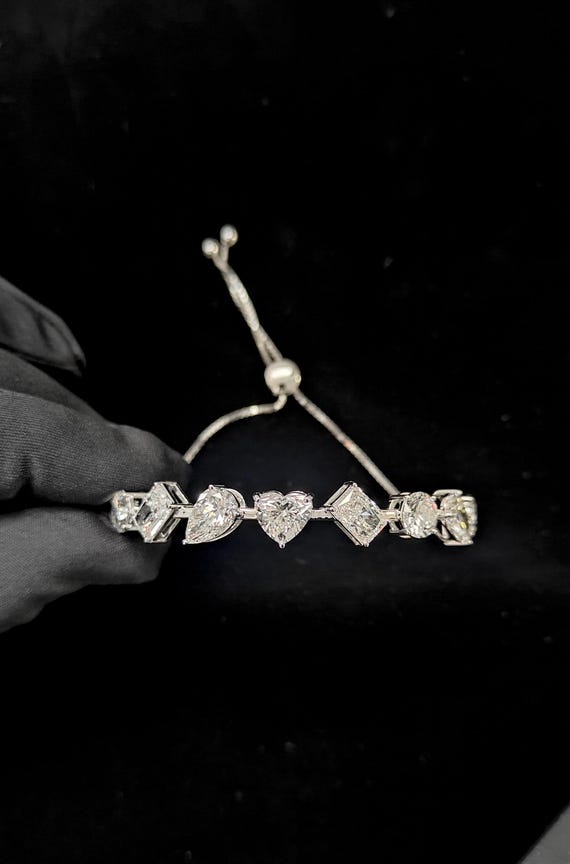 Lab Grown Diamond Tennis Bracelet: White Gold Adjustable Slider, Mixed Cut Stones