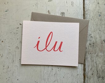 Set of 3 Note Cards | ILU I Love You Block Print A2 Flat Cards with Envelopes