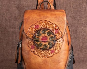 Handmade Leather Women's Backpack, Embossed Textured Backpack,Vintage Backpack,Laptop Backpack,School Backpack,Gifts For Her,Christmas Gifts