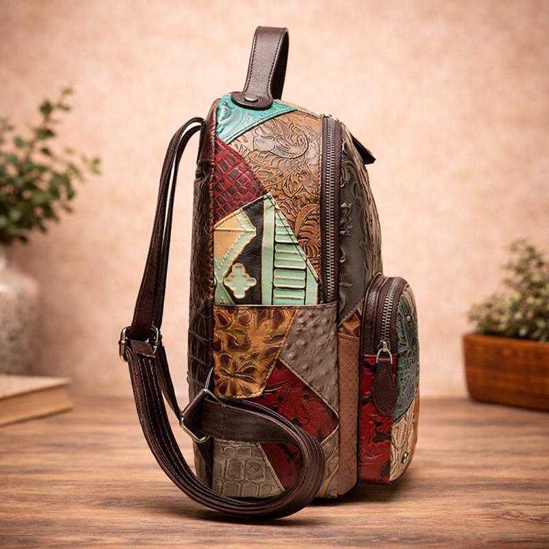 Handmade Patchwork Leather Backpack, Vintage Boho Embossed Multi Color ...
