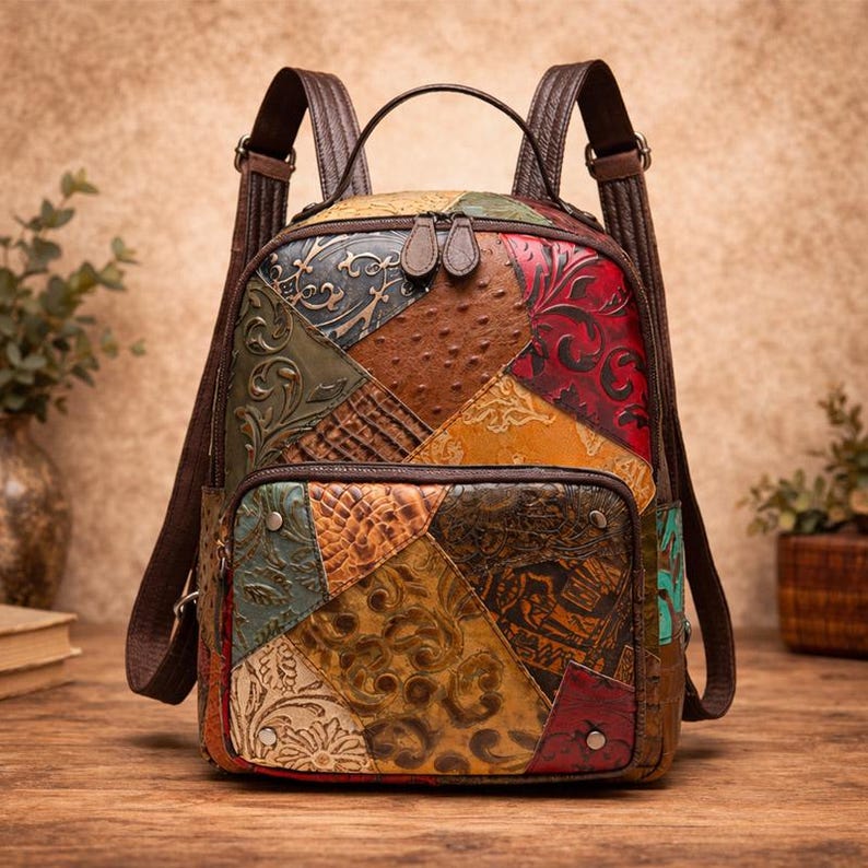 Handmade Patchwork Leather Backpack, Vintage Boho Embossed Multi Color ...