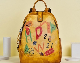 Fashion Graffiti Backpack, Vintage Backpack, Women's Leather Backpack, Laptop Backpack, Travel Backpack, Everyday Backpack, Christmas Gift