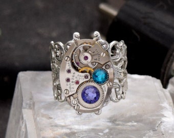 Birthstone Steampunk Ring, Choose Your Custom Colors Steampunk Watch Ring in Silver or Antique Brass, Size 6 7 8 9 10 11 Steampunk Jewelry