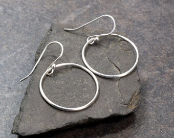 Sterling Silver 1 inch Circle Earrings, Sterling Silver Hoop Earrings, Classic Style Everyday Earrings, Boho Rustic Sterling Silver Jewelry