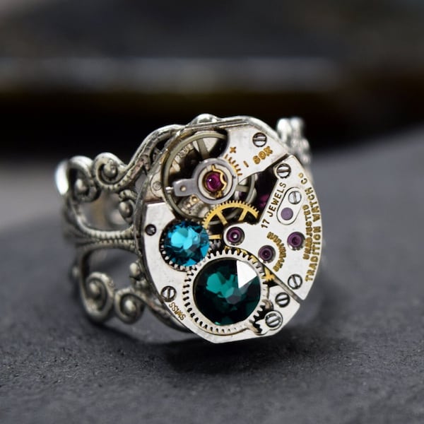 Gepersonaliseerde Steampunk Ring, Kies uw aangepaste kleuren Steampunk Watch Ring in zilver, Vintage Style Maat 5 6 7 8 Steam Punk Sieraden Cadeau