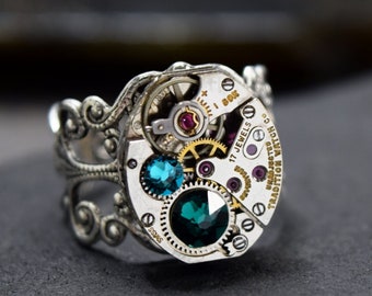 Personalized Steampunk Ring, Choose Your Custom Colors Steampunk Watch Ring in Silver, Vintage Style Size 5 6 7 8 Steam Punk Jewelry Gift