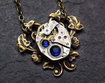 READY TO SHIP Steampunk Necklace Sapphire Blue, September Birthstone Steam Punk Jewelry, Vintage Watch Pendant, Heart Jewelry Gift For Her