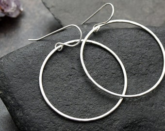 1.5" Sterling Silver Circle Earrings, 1 1/2" Hammered Hoop Earrings, Bright|Oxidized|Dark Dangle Drop Earrings Hoops, Boho Rustic Jewelry