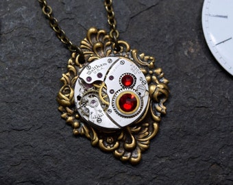 READY TO SHIP January Steampunk Necklace, Garnet Red Birthstone Pendant, Vintage Waltham Steam Punk Jewelry, Antique Brass Victorian Art