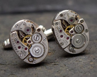 Prêt à expédier boutons de manchette steampunk Elgin, boutons de manchette steampunk, boutons de manchette montre soudés mariage en argent, cadeau bijoux steampunk pour lui homme