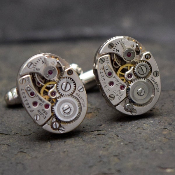 Prêt à expédier boutons de manchette steampunk Elgin, boutons de manchette steampunk, boutons de manchette montre soudés mariage en argent, cadeau bijoux steampunk pour lui homme