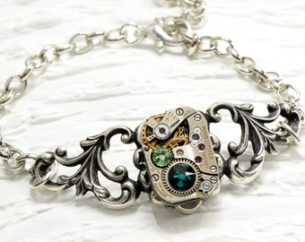 Steampunk Bracelet, Personalized Birthstone Silver | Choose Your Colors | Steampunk Wedding Watch Bracelet, Steampunk Jewelry Gift For Her