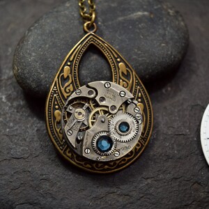 READY TO SHIP Steampunk Necklace Teal Blue, Steam Punk Jewelry Vintage Pocket Watch Teardrop Pendant, Antique Brass Victorian Gift For Her image 2