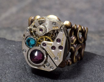 Birthstone Steam Punk Ring, Personalized Steampunk Ring in Antique Brass or Silver, Customize | Choose Your Colors, Industrial Steampunk