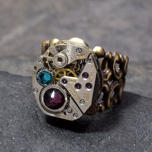 Birthstone Steam Punk Ring, Personalized Steampunk Ring in Antique Brass or Silver, Customize Choose Your Colors, Industrial Steampunk image 1