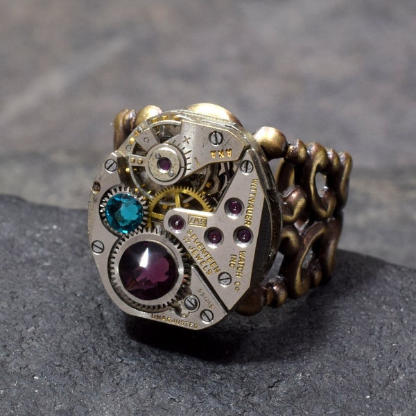 Birthstone Steam Punk Ring, Personalized Steampunk Ring in Antique Brass or Silver, Customize | Choose Your Colors, Industrial Steampunk