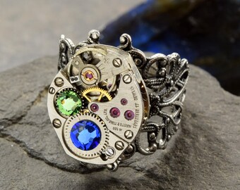Personalized Steampunk Ring, Choose Your Custom Colors Steampunk Watch Ring in Silver, Vintage Style Size 6 7 8 9 10 11 Steampunk Jewelry