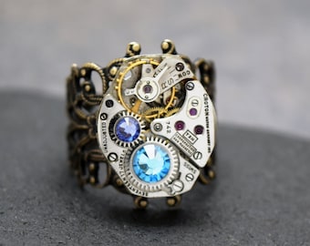 Personalized Steampunk Ring, Choose Custom Colors, Steampunk Watch Ring in Brass|Silver, Vintage Style Size 6 7 8 9 10 11 Steampunk Jewelry