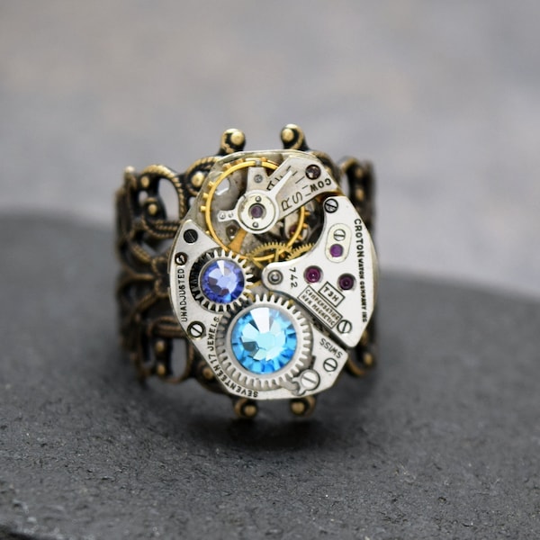 Personalized Steampunk Ring, Choose Custom Colors, Steampunk Watch Ring in Brass|Silver, Vintage Style Size 6 7 8 9 10 11 Steampunk Jewelry