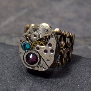 Birthstone Steam Punk Ring, Personalized Steampunk Ring in Antique Brass or Silver, Customize Choose Your Colors, Industrial Steampunk Bronze