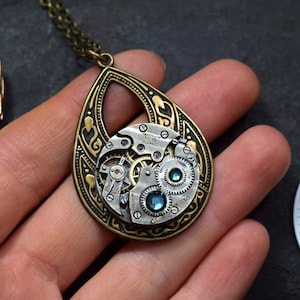 READY TO SHIP Steampunk Necklace Teal Blue, Steam Punk Jewelry Vintage Pocket Watch Teardrop Pendant, Antique Brass Victorian Gift For Her image 1