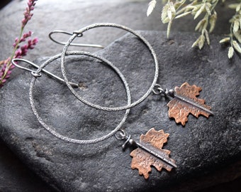 Copper & Sterling Silver Large Hoop Earrings | Copper Maple Leaves Fantasy Jewelry | Unique OOAK Gift, Oxidized Bohemian Nature Jewelry