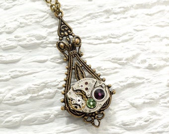 Birthstone Steampunk Necklace Personalized Jewelry | Antique Brass or Silver, Customize | Choose Your Colors, Victorian Vintage Steam Punk