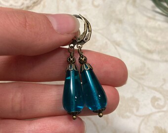 Art Nouveau Art Deco Teal Blue Drop Earrings, Vintage Antiqued Brass Earrings, Victorian, Edwardian Teardrop Dangle Earrings, Czech Glass