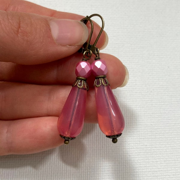 Art Nouveau Art Deco Pink Drop Earrings, Vintage Antiqued Brass Earrings, Victorian, Edwardian Teardrop Dangle Earrings, Czech Glass