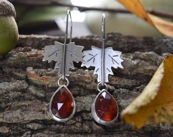 Convertible Maple Leaf & Garnet Earrings | Sterling Silver Crescent Moon Celestial Fantasy Jewelry | Unique Gift, Oxidized Bohemian Jewelry