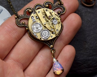 READY TO SHIP Steampunk Necklace, Fire Opal October Birthstone Dangle Steam Punk Jewelry Vintage Watch Pendant, Antique Brass Victorian