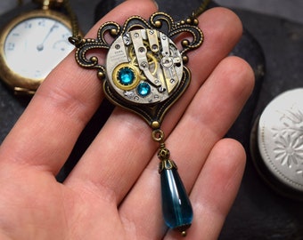 READY TO SHIP Steampunk Necklace, Blue Zircon December Birthstone Dangle Steam Punk Jewelry Vintage Watch Pendant, Antique Brass Victorian