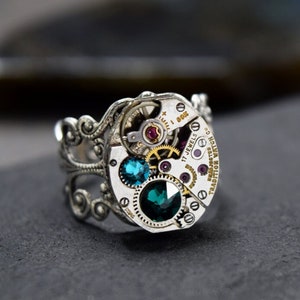 CLEARANCE SALE Personalized Steampunk Ring, Choose Your Custom Colors, Watch Ring in Silver, Vintage Style Size 5 6 7 8, Jewelry Gift