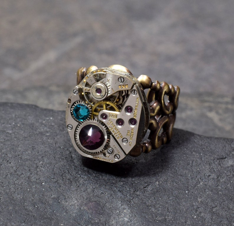 Birthstone Steam Punk Ring, Personalized Steampunk Ring in Antique Brass or Silver, Customize Choose Your Colors, Industrial Steampunk image 1